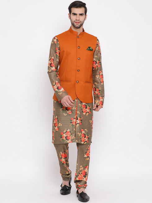 Vastramay Men's Orange Twill Jacket, Printed Kurta and Pyjama Set